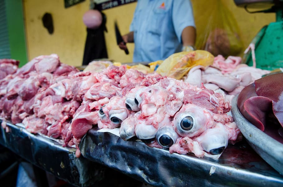 street market, butcher, meat, pork, food, raw, pig, fresh, uncooked, knife