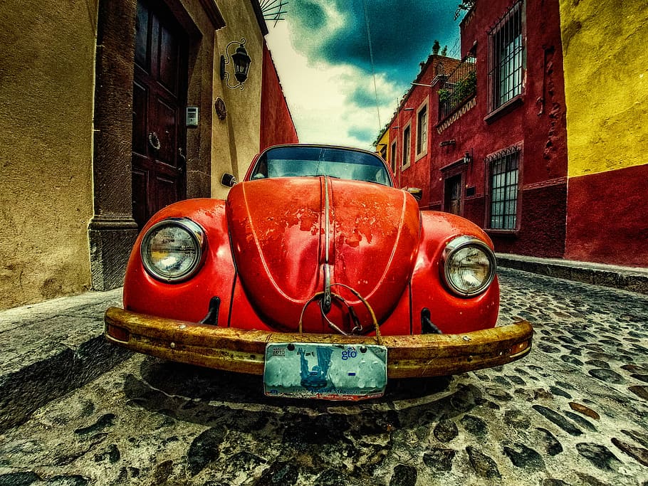 red, volkswagen beetle coupe, parked, road, buildings, car, beetle, volkswagen, street, vehicle