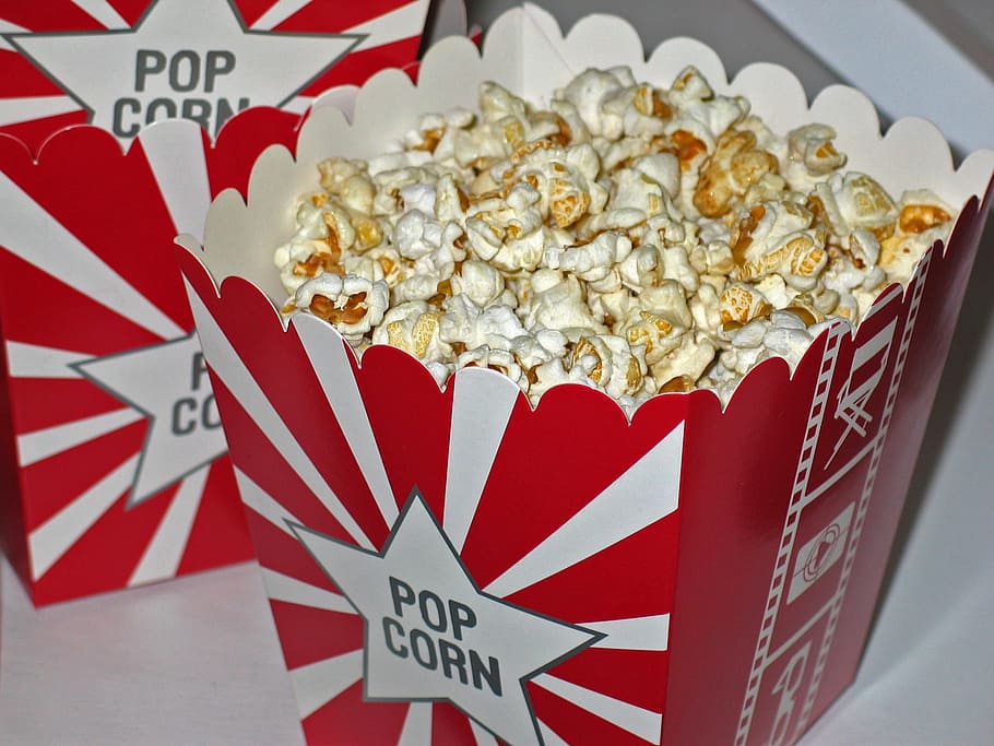 popcorn dalam kotak, popcorn, bioskop, camilan, jagung, manis, menggigit, makanan, knabberzeug, lezat