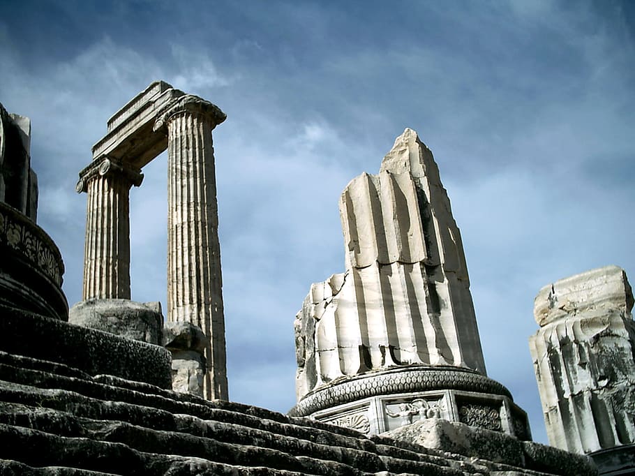 하얀 기둥, didyma, 아폴로 신전, 터키, 기념물, 그리스인, 하늘, 낮은 각도보기, 건축물, 역사
