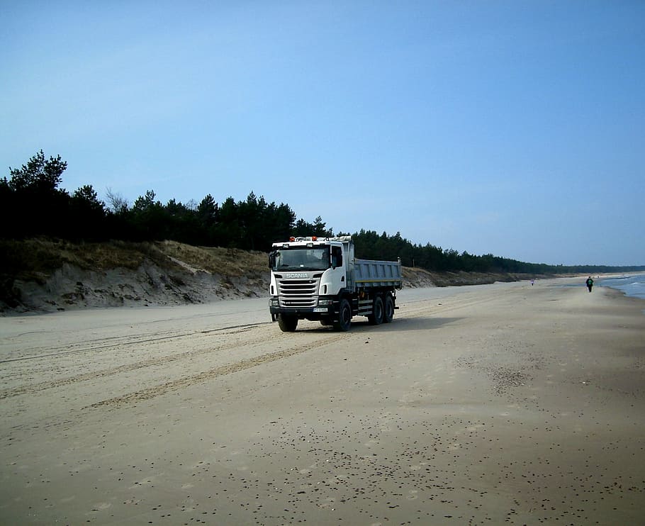 camión, playa, arena, mar báltico, transporte, modo de transporte, tierra, vehículo terrestre, carretera, naturaleza