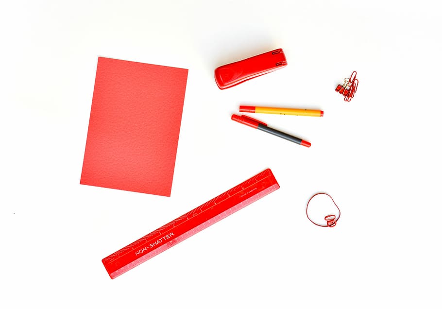 red, paper, stapler, two, pens, one, box, school supplies, desk, objects