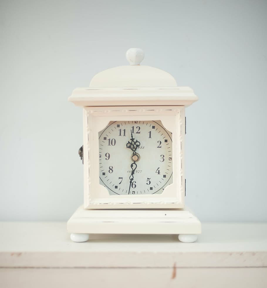 white, wooden, desk clock, better times, clock, time, old-fashioned, alarm clock, retro styled, single object