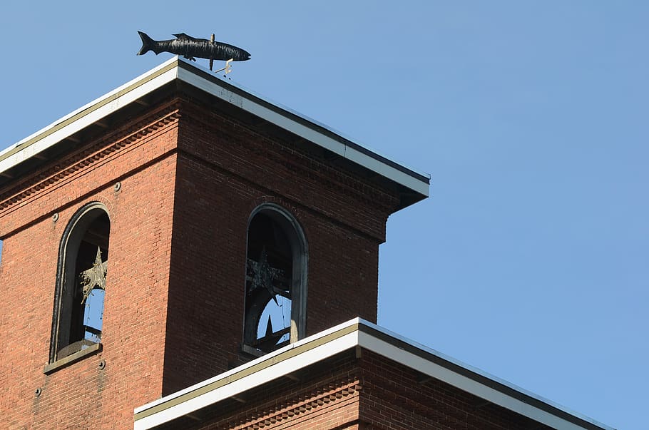brick, mill, building, tower, weathervane, roof, sky, old, design, architecture