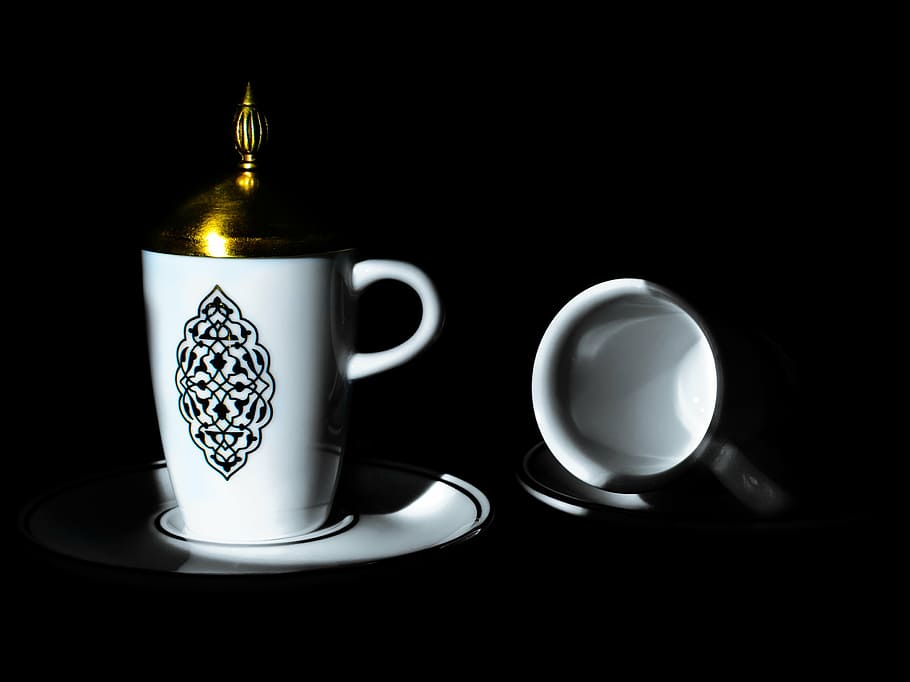 cup, coffee cup, ceramic, saucer, gold, porcelain, cover, noble, light, shadow