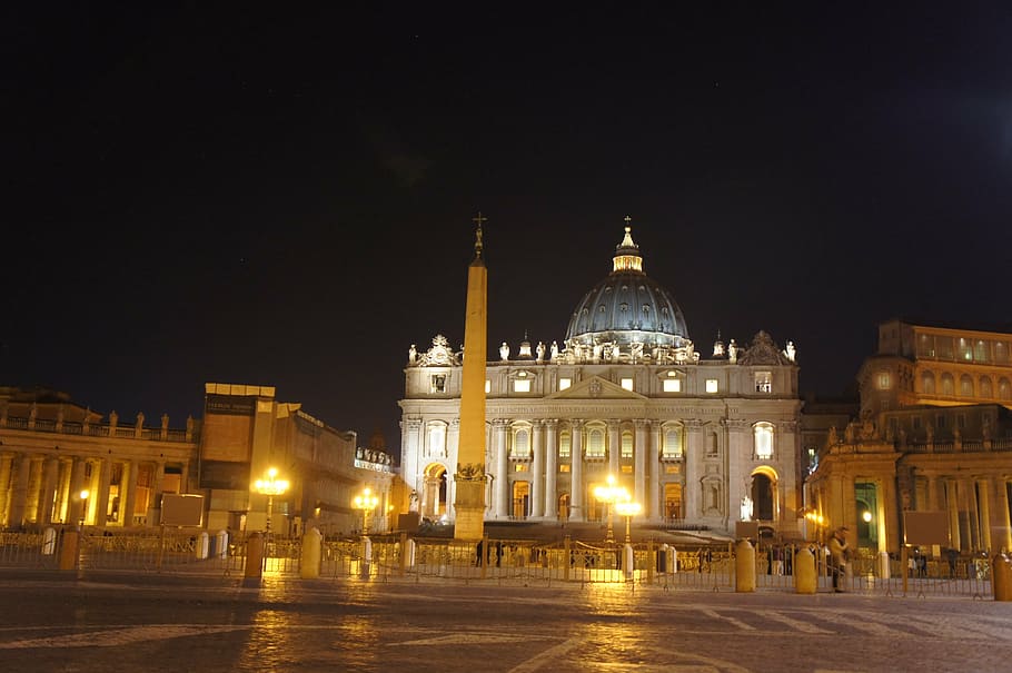 the vatican, architecture, cathedral, the roman catholic, the vatican city, building exterior, night, illuminated, built structure, city