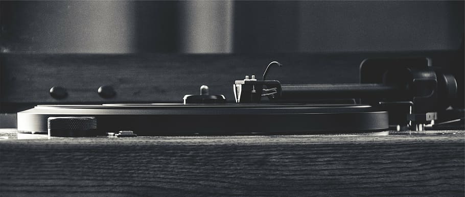 grayscale photography, turntable, grayscale, photography, record, vinyl, needle, tonearm, music, musical instrument