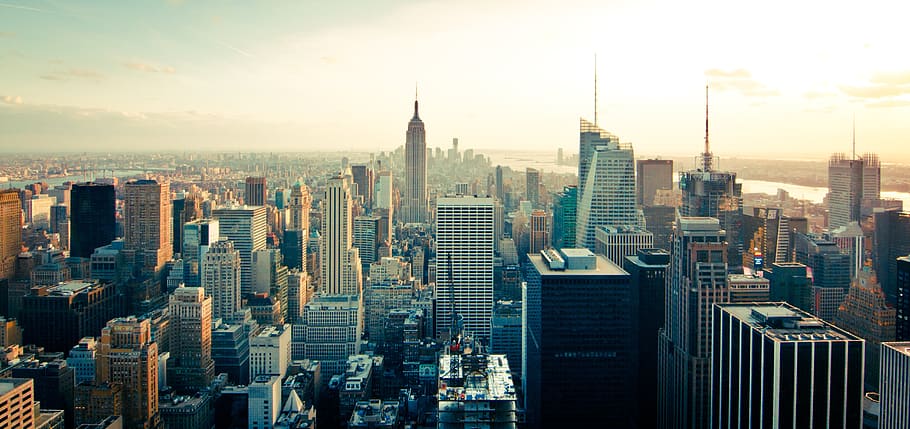 new york, kota, langit, kaki langit, gedung, menara, gedung pencakar langit, atap, pusat kota, pemandangan