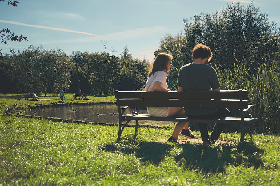 couple, people, girl, guy, sitting, bench, dating, green, grass, nature