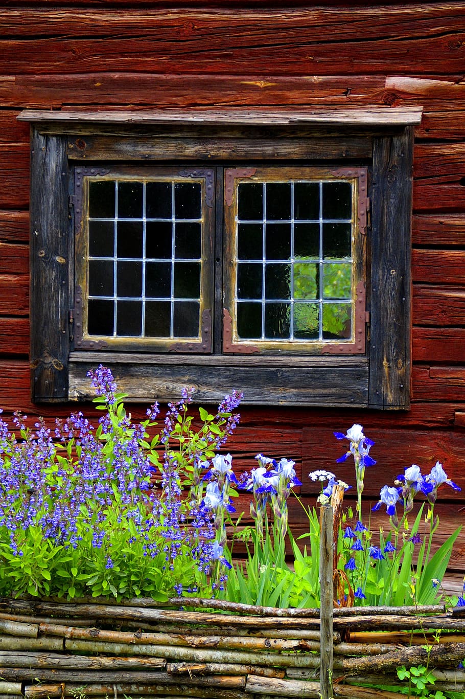 window, sweden, old, farmhouse, facade, fence, cottage garden, slug glass, lattice windows, building
