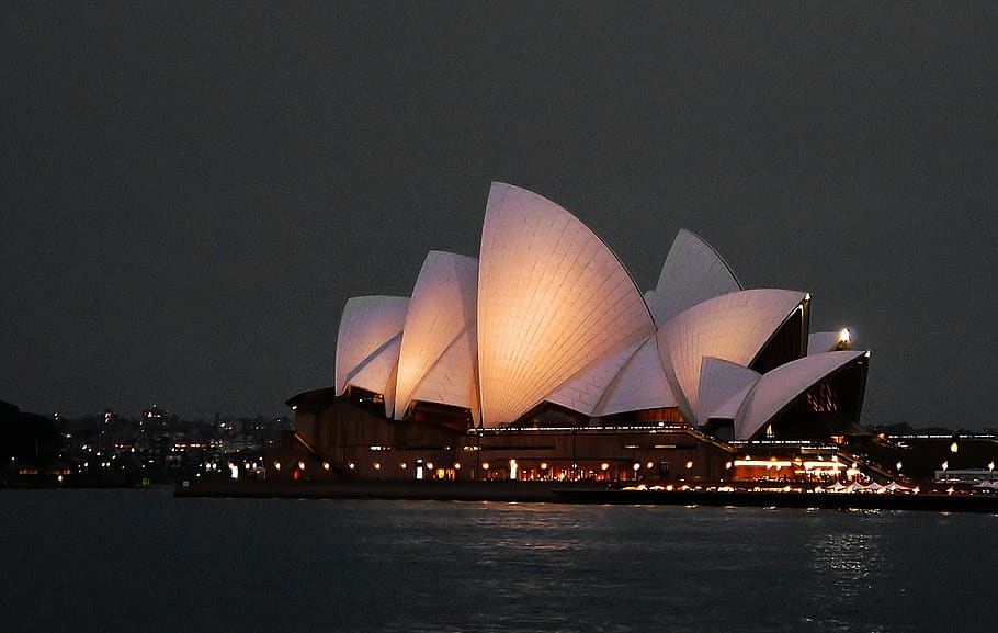 Sydney Opera House, noche, puerto, ciudad, señal, agua, arquitectura, horizonte, paisaje, luces