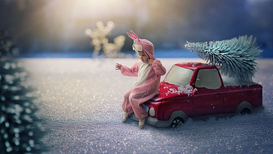 winter, miniature, manipulation, landscape, hare, digital manipulation, childhood, toy, mode of transportation, one person