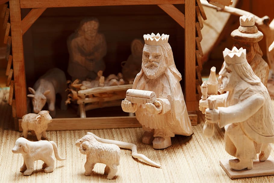 white, nativity, scene, wood, curve, figurines, Bethlehem, Bible, Christ, baby
