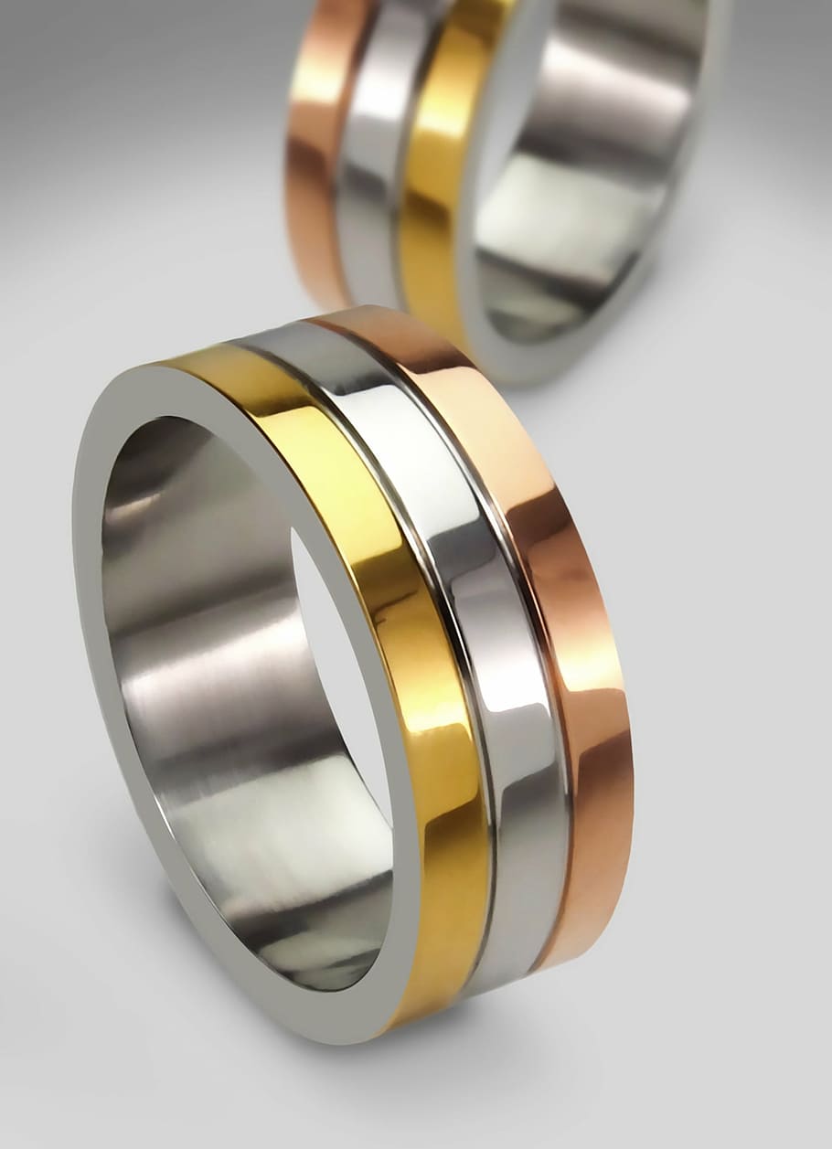 dua, cincin emas-dan-perak berwarna, putih, panel, pasangan, cincin pertunangan, emas, pernikahan, cincin, rosa