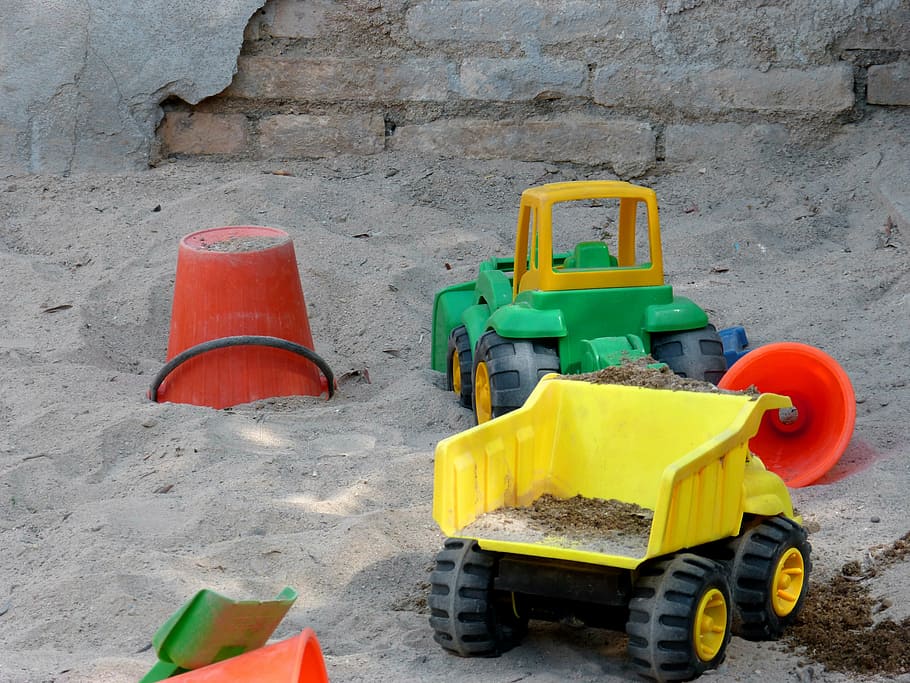 caixa de areia, jogos infantis, cubo, areia, jogar, escavação, máquinas, terra Mover, brinquedo, ninguém