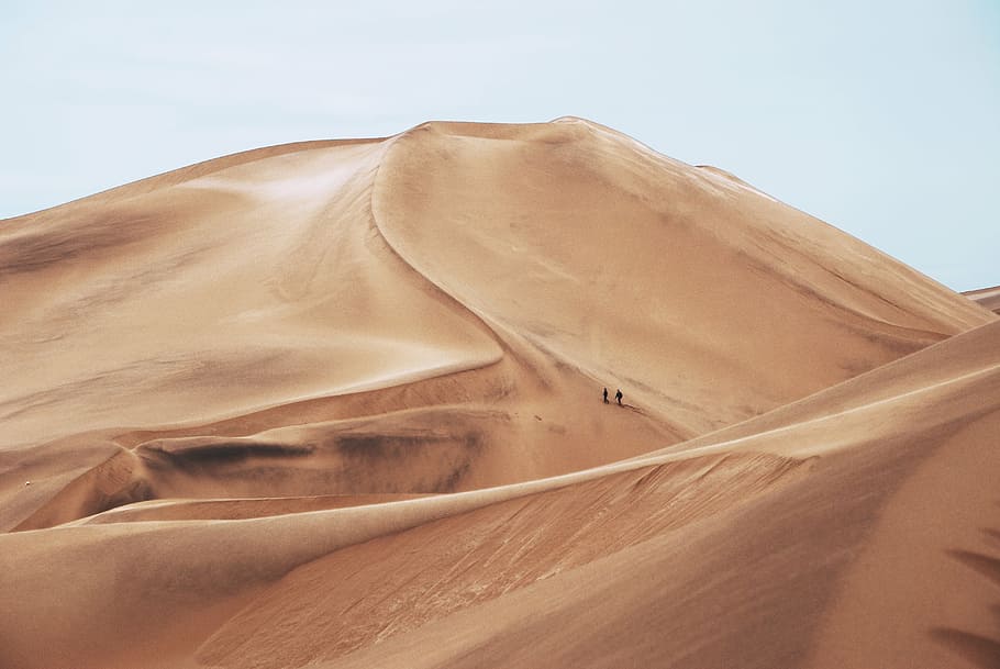 two, person, walking, desert sand, day, nature, sand, people, travel, adventure