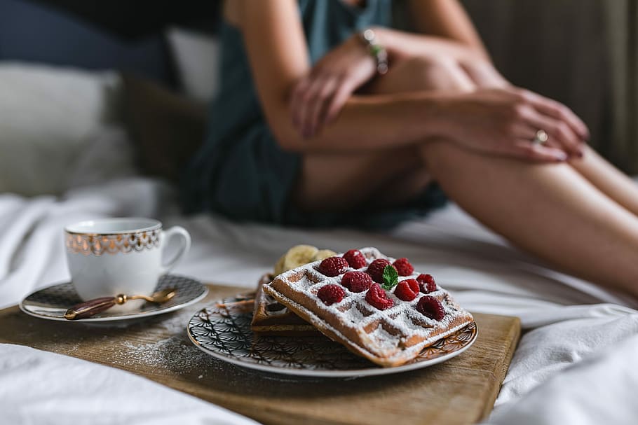 breakfast, bed, -, waffles, raspberries, cup, coffee, tray, Breakfast in bed, cup of coffee