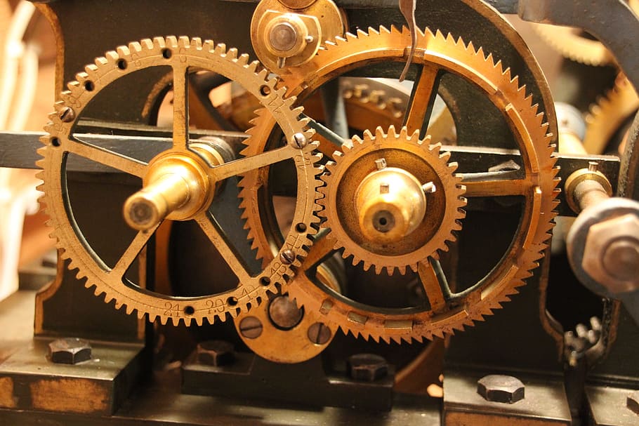 reloj mecanismo, engranajes, movimiento, engranaje, reloj, mecánica, históricamente, entre sí, ruedas, viejo