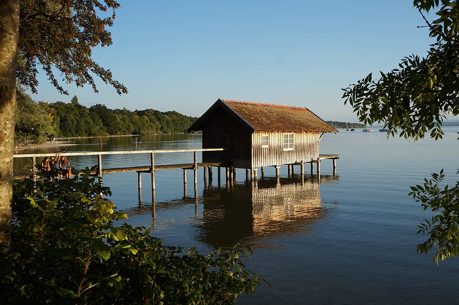 ammersee, webs, boat house, abendstimmung, vacation, bavaria, water, built structure, architecture, plant