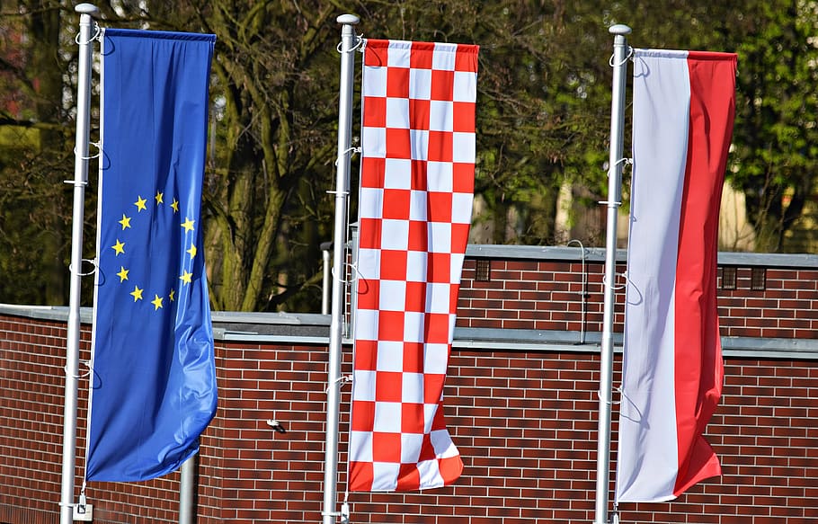 flag, the union, european, poland, the mast, patriotism, red, striped, blue, day
