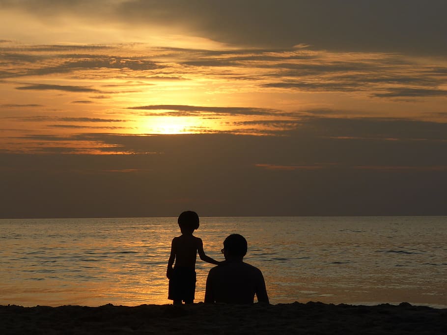 silhouette, man, boy, seashore, golden, hour, Sunset, Father, Son, Family, Beach