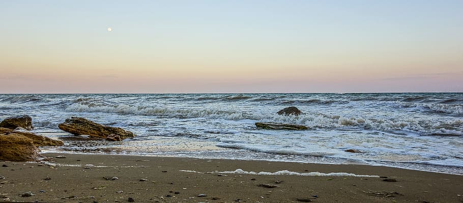 海 夕日 石 波 空 水 土地 ビーチ 日没 水上の地平線 Pxfuel