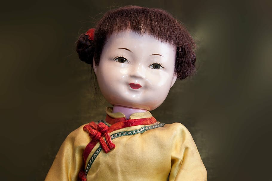 boneca, japão, japonês, velho, brinquedos, quimono, amarelo, vermelho, pintado à mão, criança