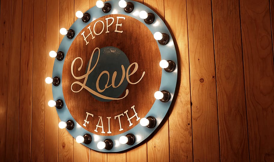 hope, love, faith, sign, wood, Light, typography, wood - Material, gold Colored, circle