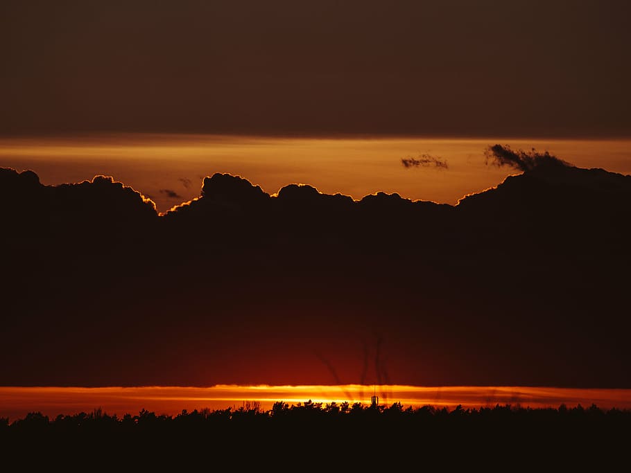 silhouette of mountains, mountain, silhouette, sunset, dusk, sky, clouds, dark, evening, orange color