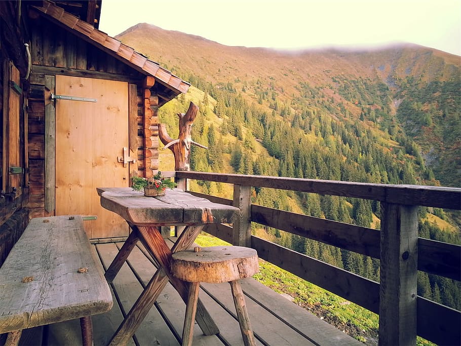 brown, wooden, table, terrace, forest mountain, white, sky, green, mountains, near
