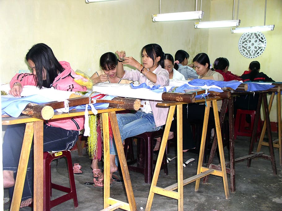 people, girl, embroidery, young, group, class, learn, work, education, school