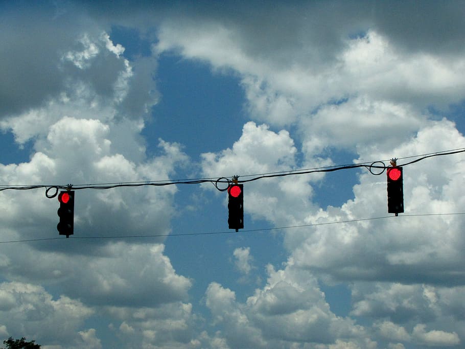 red, lights, three, clouds, sky, stop, cloud - sky, hanging, red light, road signal
