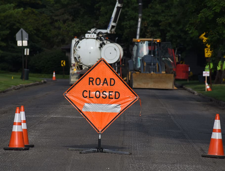 road closed, sign, construction, roadblock, closed, road, street, communication, warning sign, text