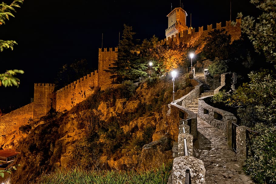 san marino, castle, architecture, fortress, landmark, historical, fixing, night, dark, illuminated