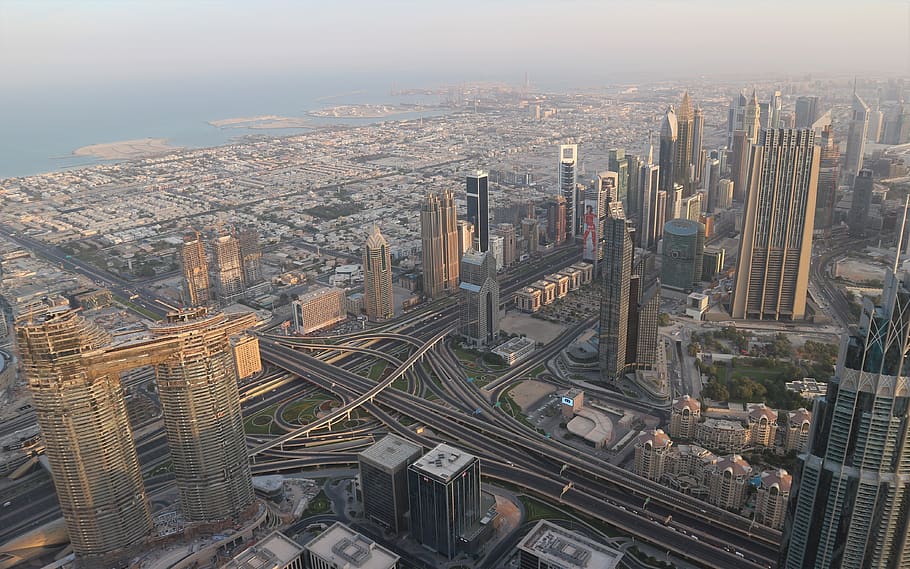 Dubai, amanecer, ciudad, rascacielos, edificios, Burj Khalifa, centro de la ciudad, torre, horizonte, lujo