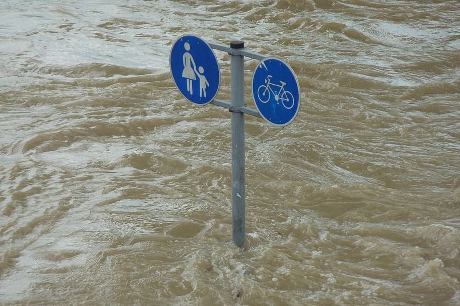 blue, gray, road sign post, covered, water, high water, shield, setting, flooding, flooded