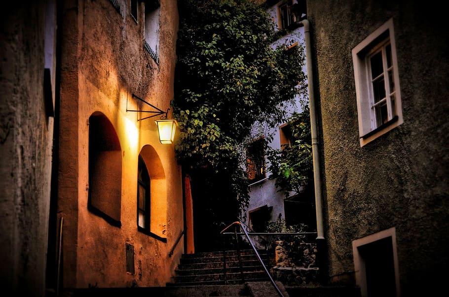 yellow, lamp, building, distance, green, tree, illuminated lantern, alley, stairs, old town