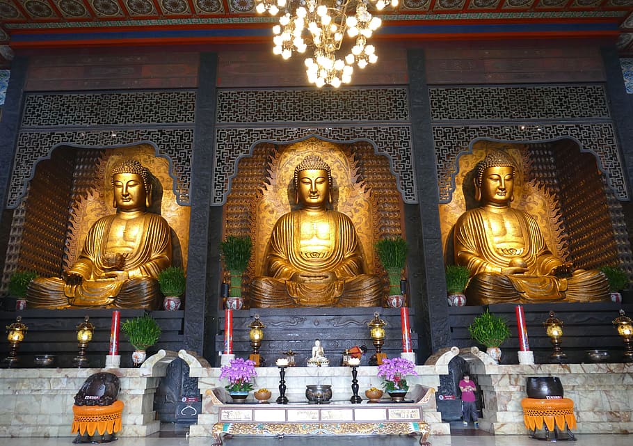 寺院, 仏教, 複雑な, 寺院の複合体, 宗教, 台湾, 高雄, 仏, 黄金, 彫像