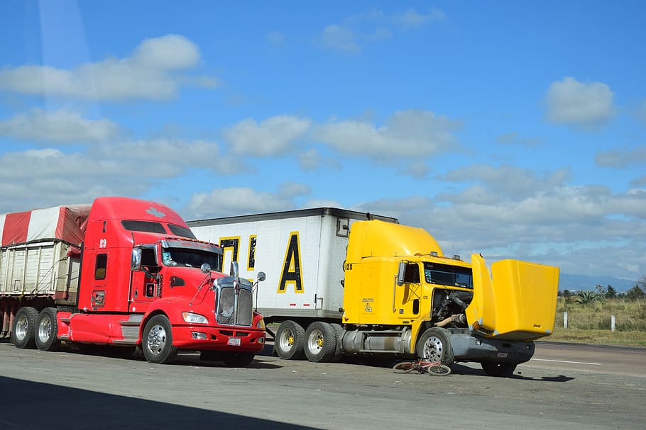 camiones, rojo, amarillo, vehículo, camión, transporte, camión de bomberos, antiguo, entrega, retro