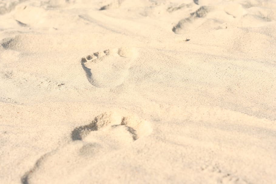 person foot print, white, sands, Beach, Foot, Print, Sand, foot print, footprint, nature