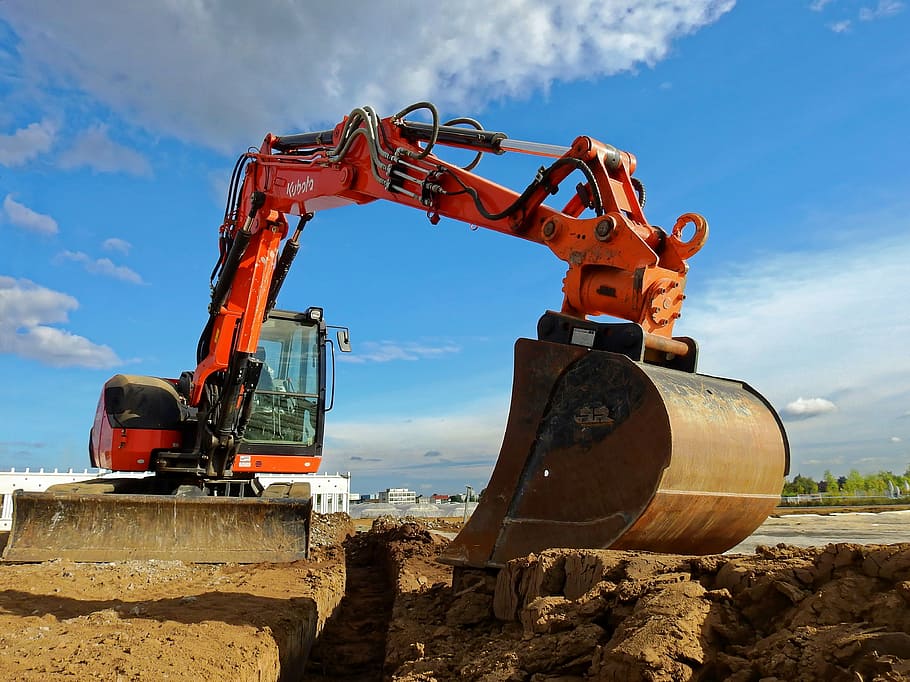 red, backhoe, brown, soil, excavators, machine, construction machine, site, construction, tool