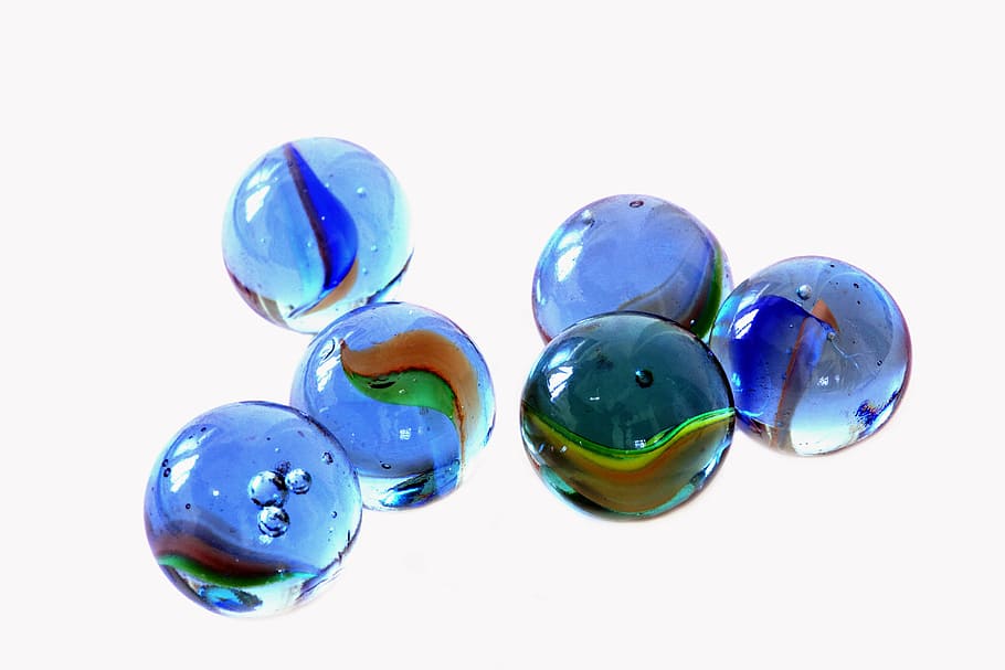six, blue, marble toys, white, background, glass, marbles, kids, games, play