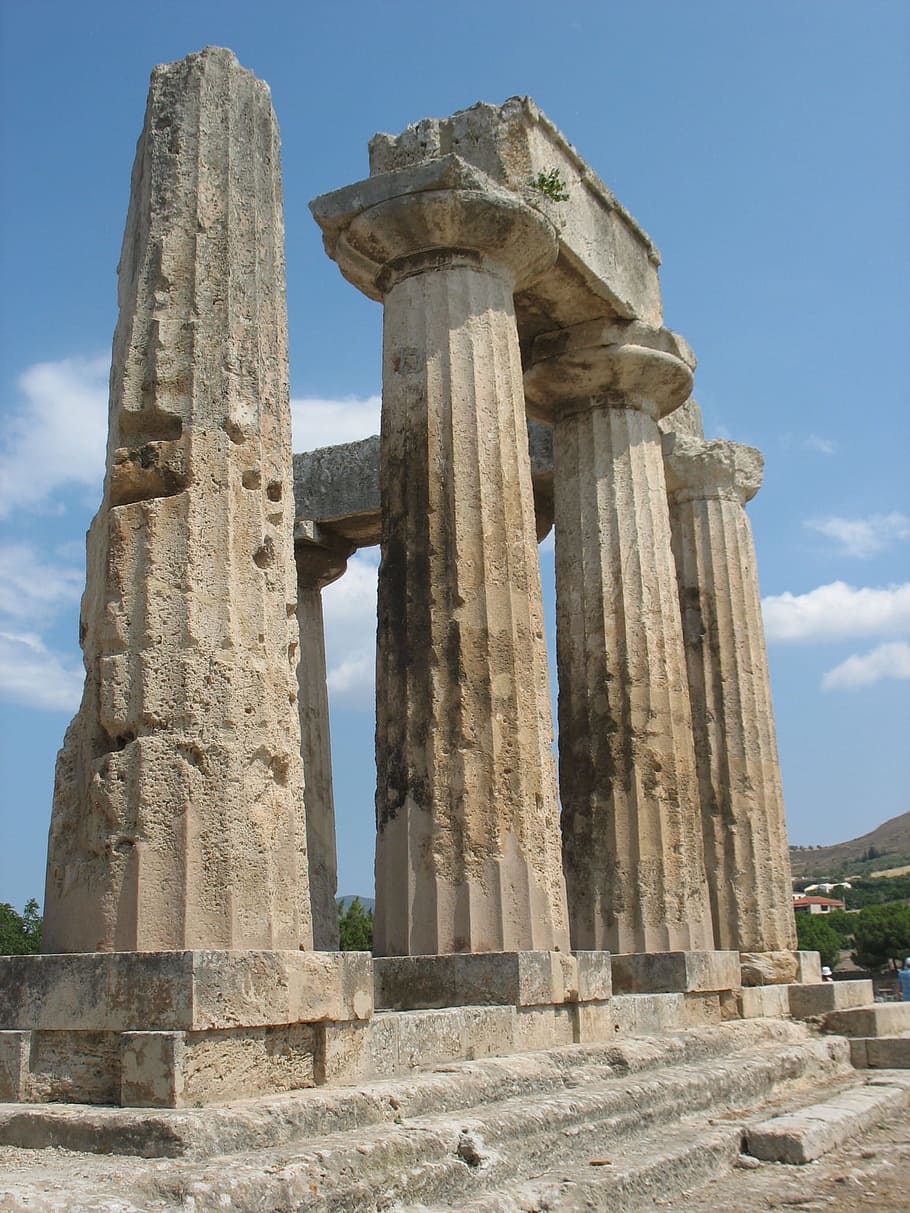 krem, beton, pilar, siang hari, Korintus Kuno, Kuil, Reruntuhan, Yunani, reruntuhan candi, korintus