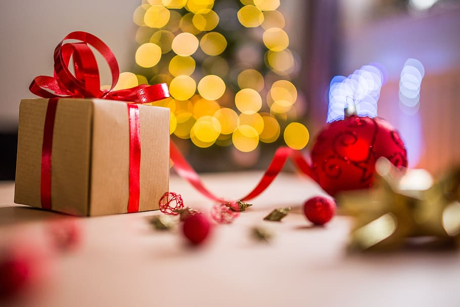christmas, celebration, holiday, red, ribbon, gift, christmas ball, decoration, bokeh, ribbon - sewing item