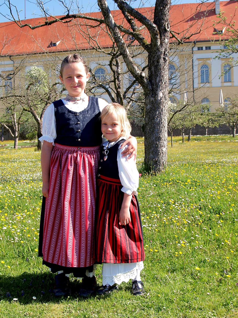 girl, holding, toddler, outdoors, bavarian, kids, girls, youngster, youth, dirndl
