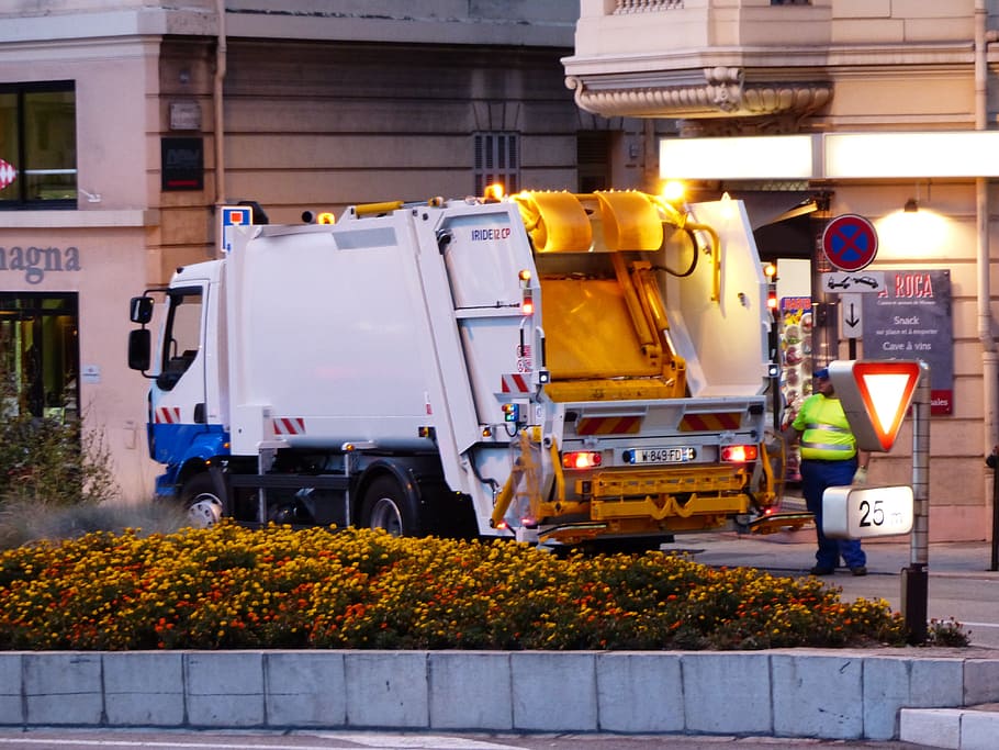 white, garbage truck, street, street cleaning, garbage disposal, monaco, truck, cleaning, at night, illuminated