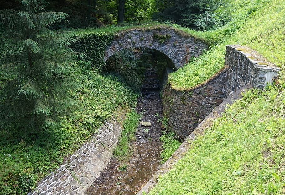 puente empedrado, arroyo, chequia, puente, naturaleza, piedras, agua, idílico, planta, árbol