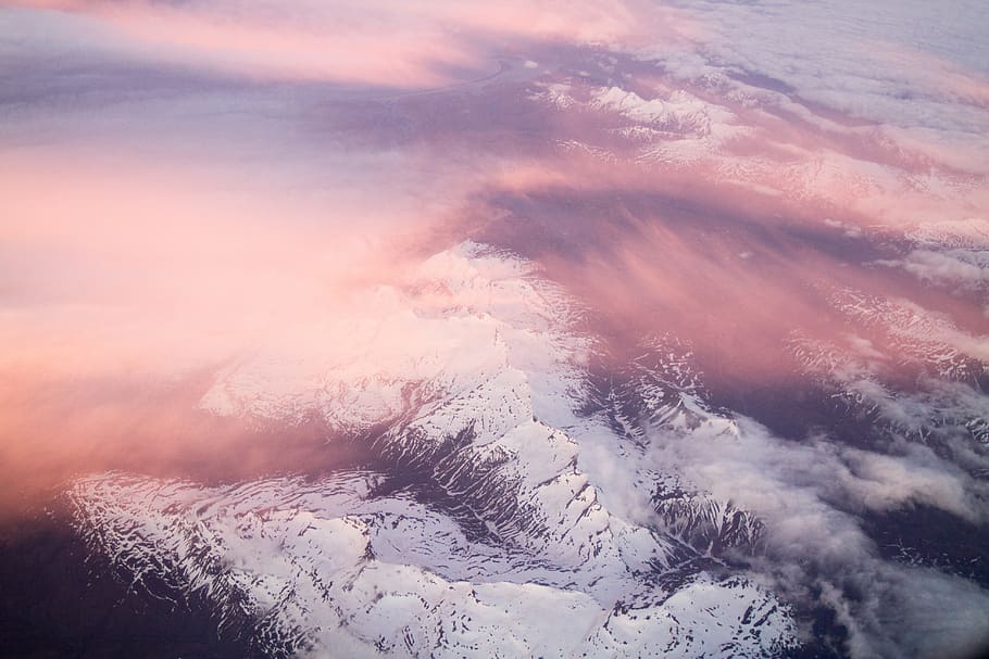 nature, topography, aerial, snow, clouds, gradient, beautiful, pink, white, blue