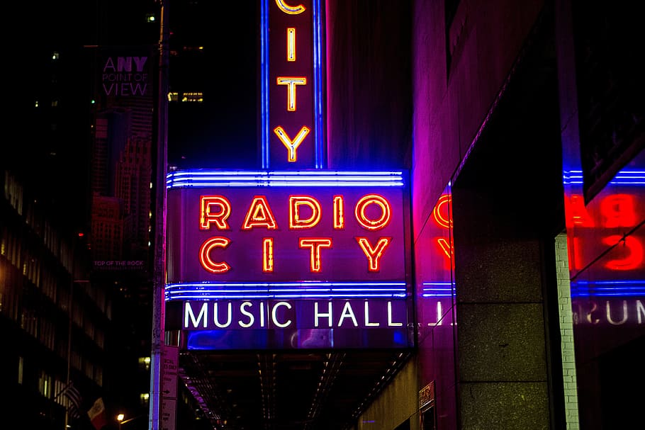radio, ciudad, música, sala, neón, luces, señalización, cerca, Radio City music hall, luces de neón
