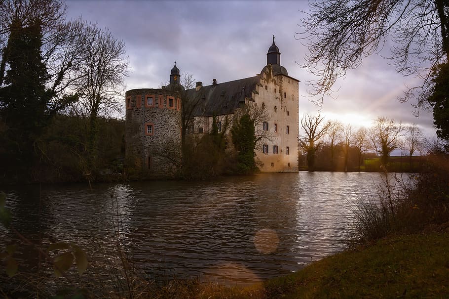 castle, wasserburg, fortress, mystical, building, fantasy, middle ages, landscape, mood, fairy tales